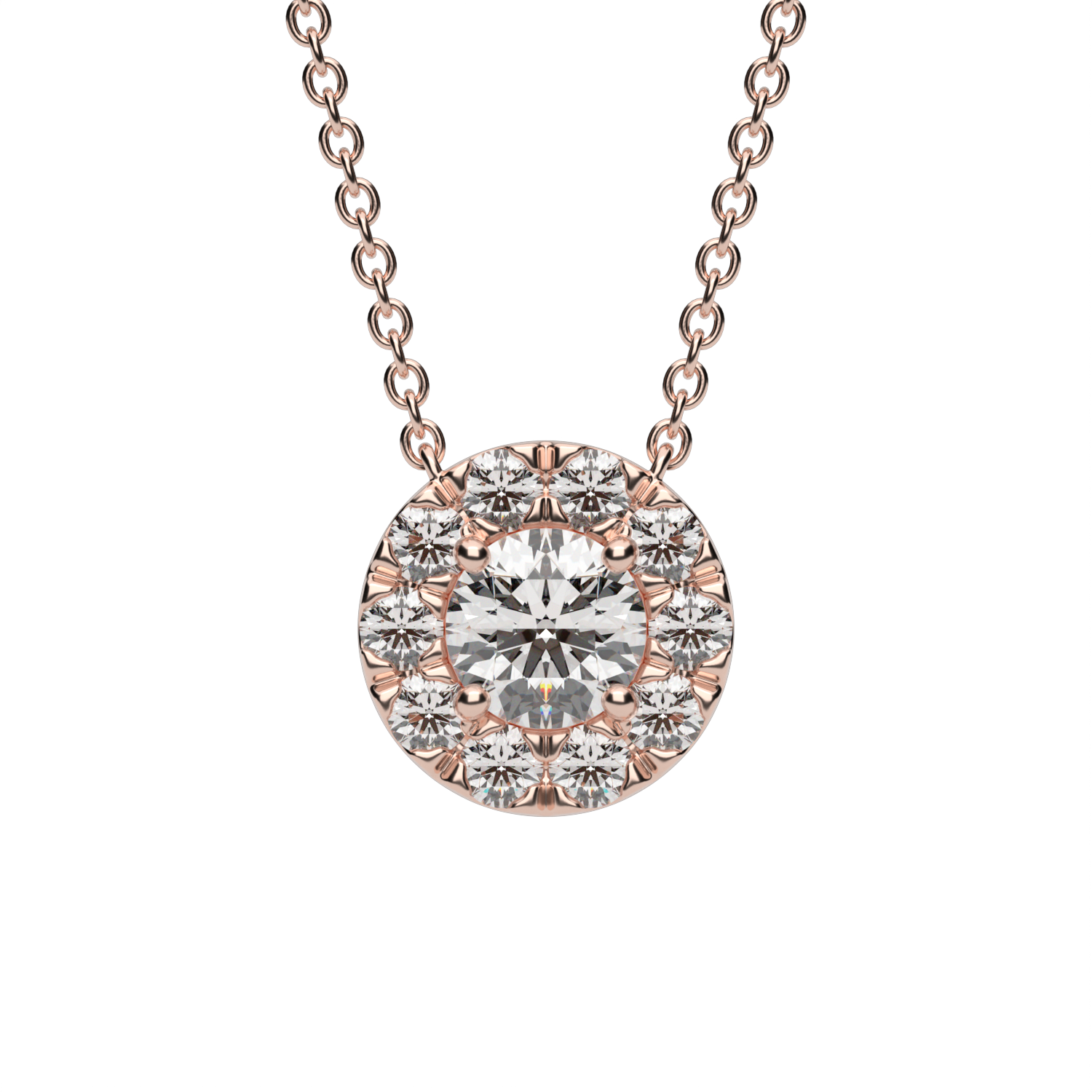 Rose/Pink Gold Round Shape Diamond Halo Pave Pendant With U Cut Setting.