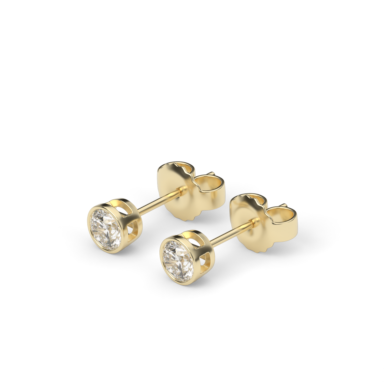 Yellow Gold Round Shape Diamond Solitaire Stud Earrings With Bezel Setting.