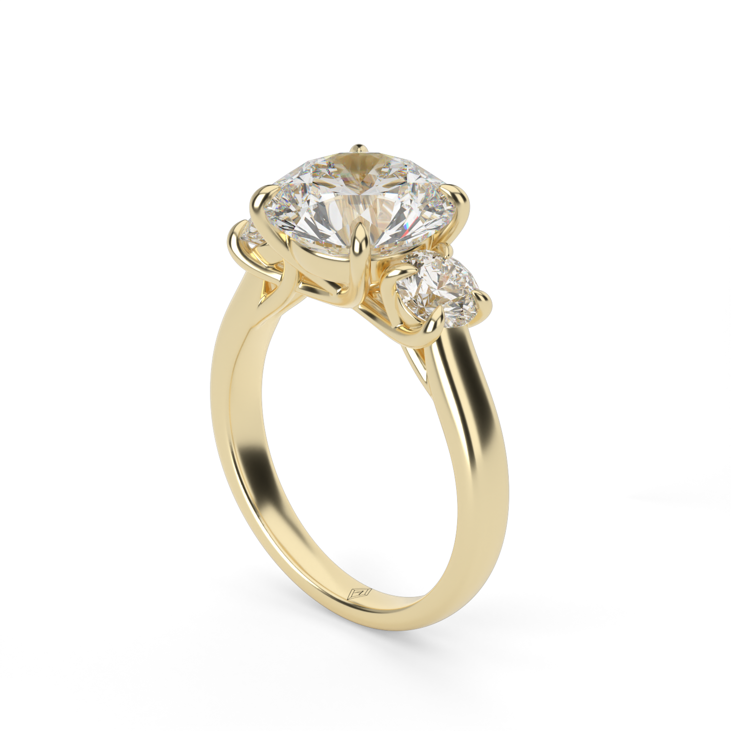 Yellow Gold Round Shape Diamond Three Stone Engagement Ring With Prong Setting