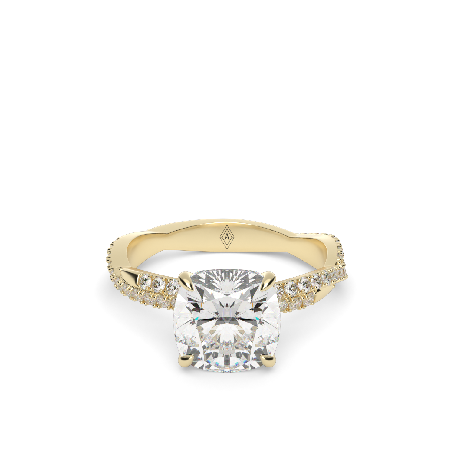 Yellow Gold Cushion Cut Diamond Twist Pave Engagement Ring With U-Cut Setting.
