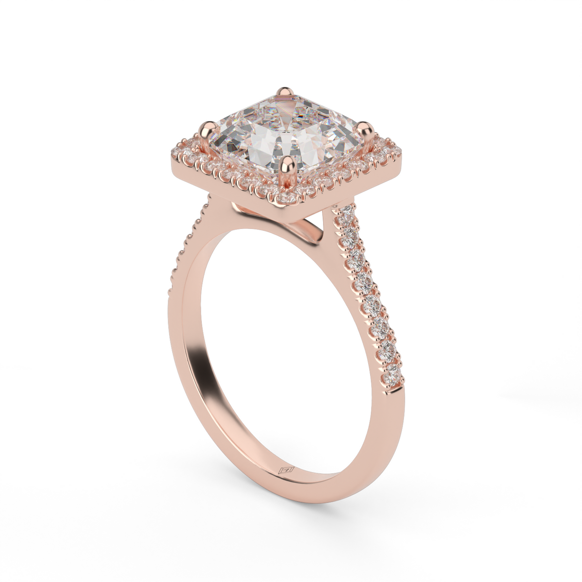 Pavé Halo and Shank Diamond Engagement Ring — 14K Rose Gold / Asscher / Lab Diamond (image)