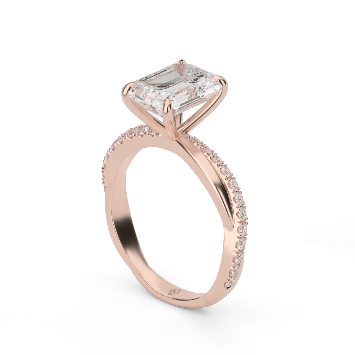 Pavé Shank Engagement Ring — 14K Rose Gold / Emerald / Lab Diamond (image)