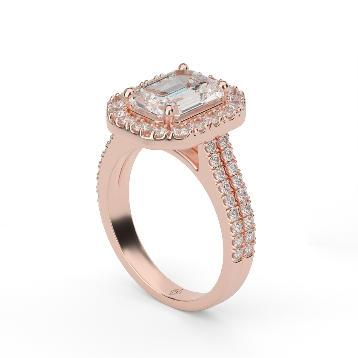 Double Shank Halo Diamond Engagement Ring — 14K Rose Gold / Emerald / Lab Diamond (image)
