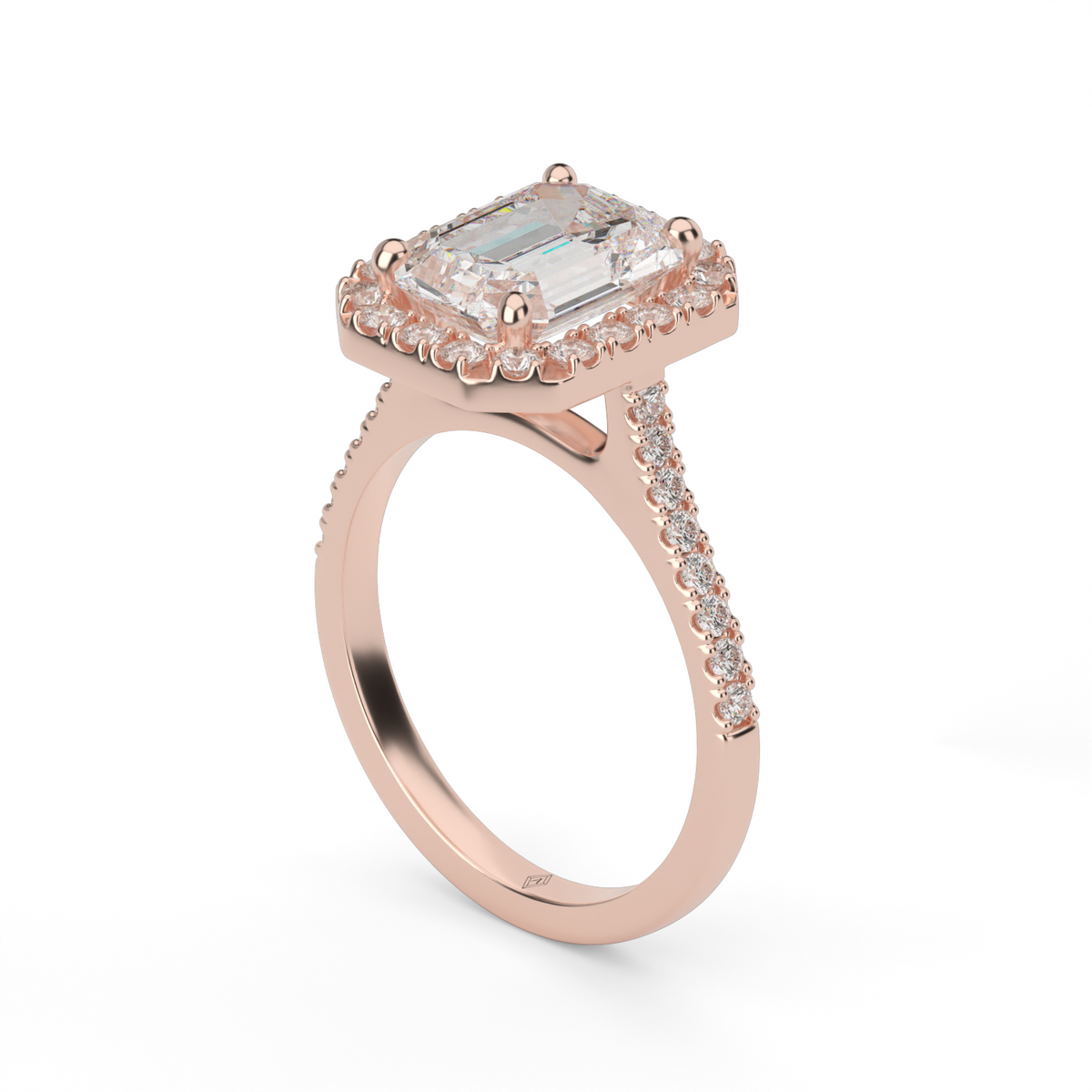 Pavé Halo and Shank Diamond Engagement Ring — 14K Rose Gold / Emerald / Lab Diamond (image)