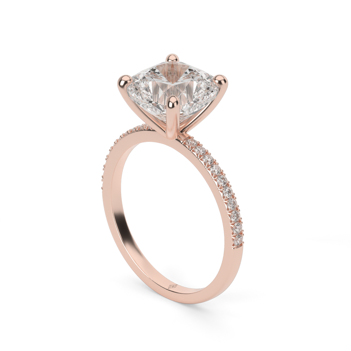Petite French Cut Pave Engagement Ring — 14K Rose Gold / Cushion / Lab Diamond (image)