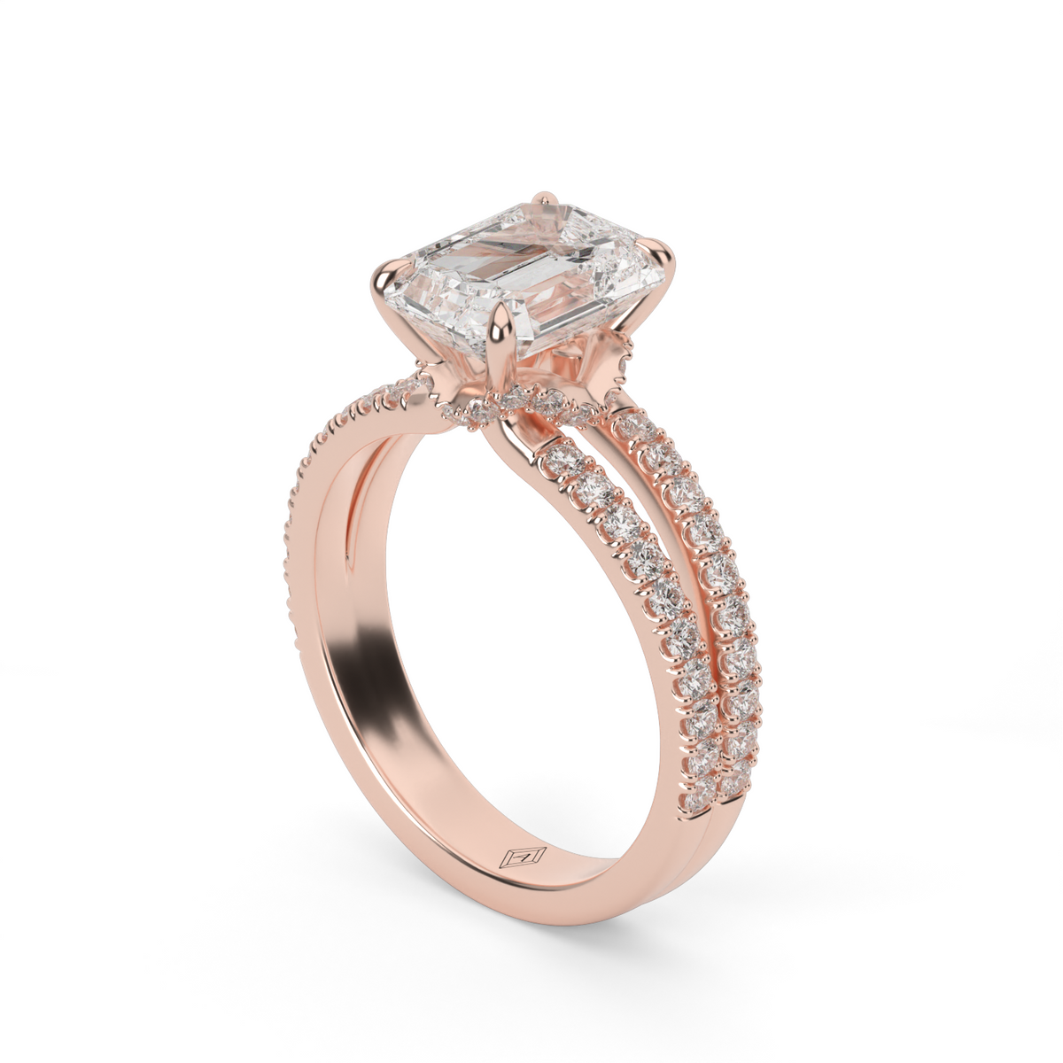 Split Shank   Pavé Engagement Ring — 14K Rose Gold / Emerald / Lab Diamond (image)