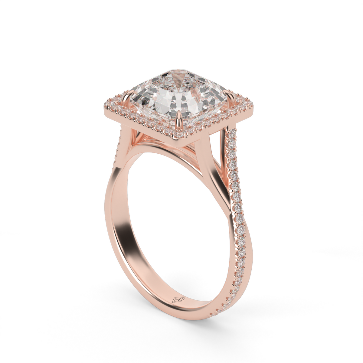 Twisted Shank Pave Halo Diamond Engagement Ring — 14K Rose Gold / Princess / Lab Diamond (image)