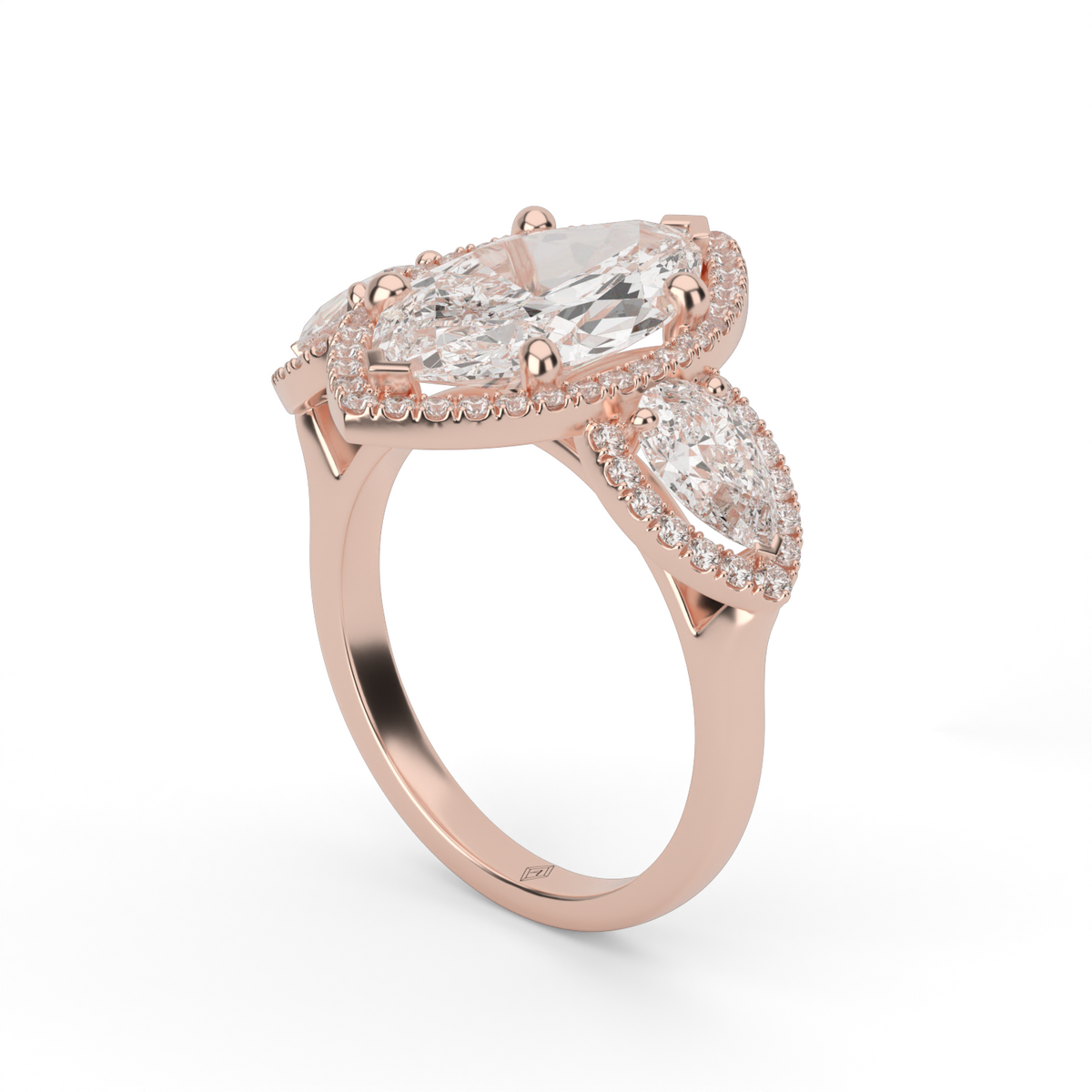 Marquise Cut Diamond Halo Trio Engagement Ring — 14K Rose Gold / Marquise / Lab Diamond (image)