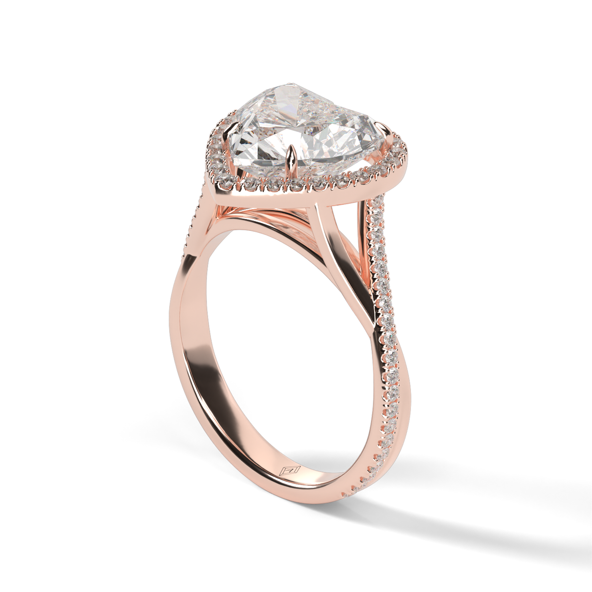 Twisted Shank Pave Halo Diamond Engagement Ring — 14K Rose Gold / Heart / Lab Diamond (image)