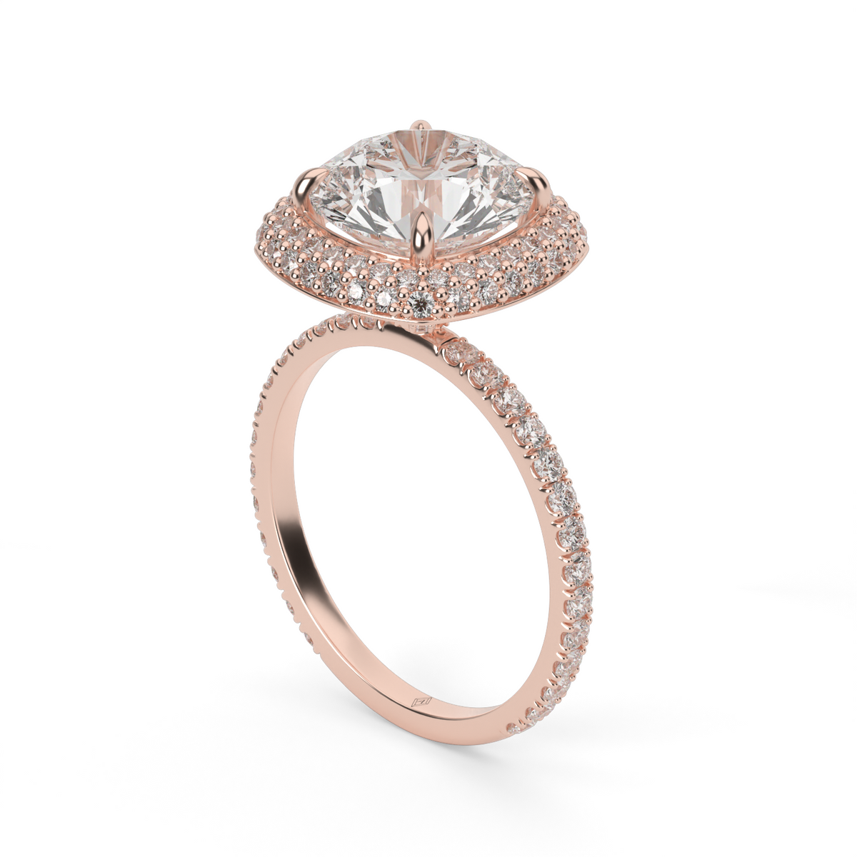 Double Row Diamond Halo Engagement Ring with Pave — 14K Rose Gold / Round / Lab Diamond (image)