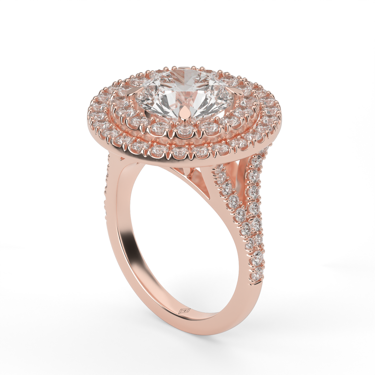 Double Halo Split Shank  Engagement Ring — 14K Rose Gold / Round / Lab Diamond (image)
