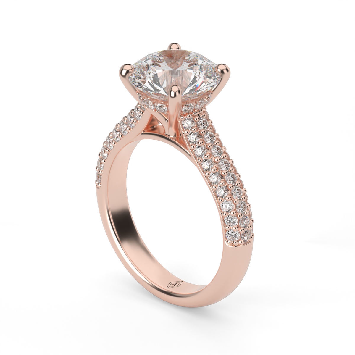 Triple Row Pavé  Engagement Ring — 14K Rose Gold / Round / Lab Diamond (image)