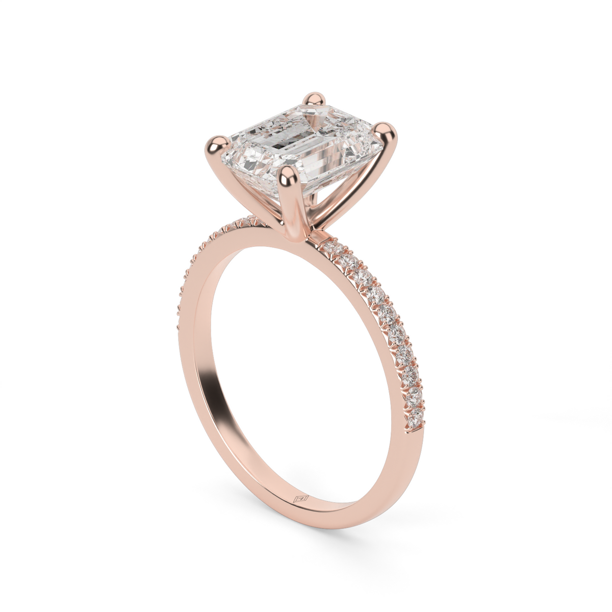 Petite French Cut Pave Engagement Ring — 14K Rose Gold / Emerald / Lab Diamond (image)