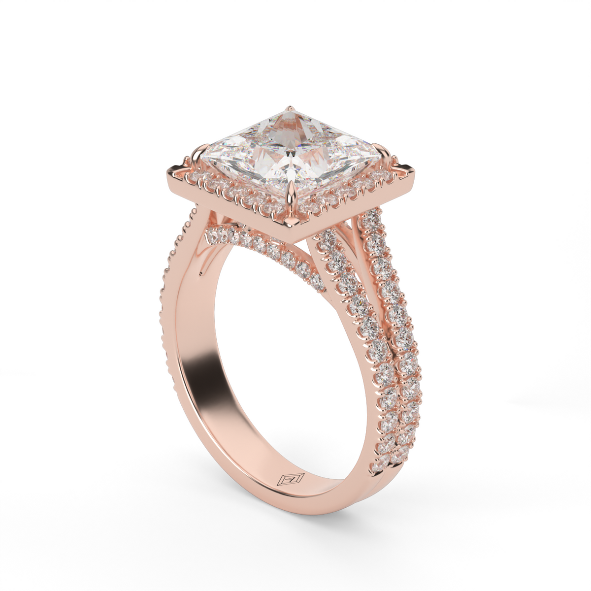 Split Band Diamond Halo Engagement Ring — 14K Rose Gold / Princess / Lab Diamond (image)