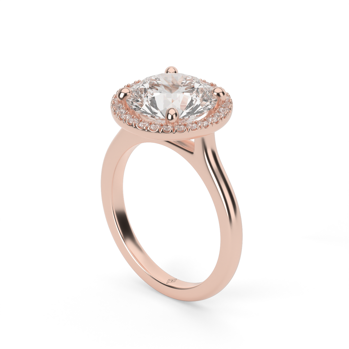 Pavé Halo Solitaire Shank  Engagement Ring — 14K Rose Gold / Round / Lab Diamond (image)