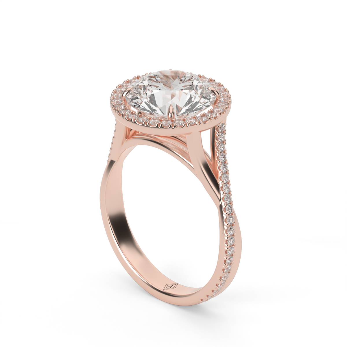 Twisted Shank Pave Halo Diamond Engagement Ring — 14K Rose Gold / Round / Lab Diamond (image)