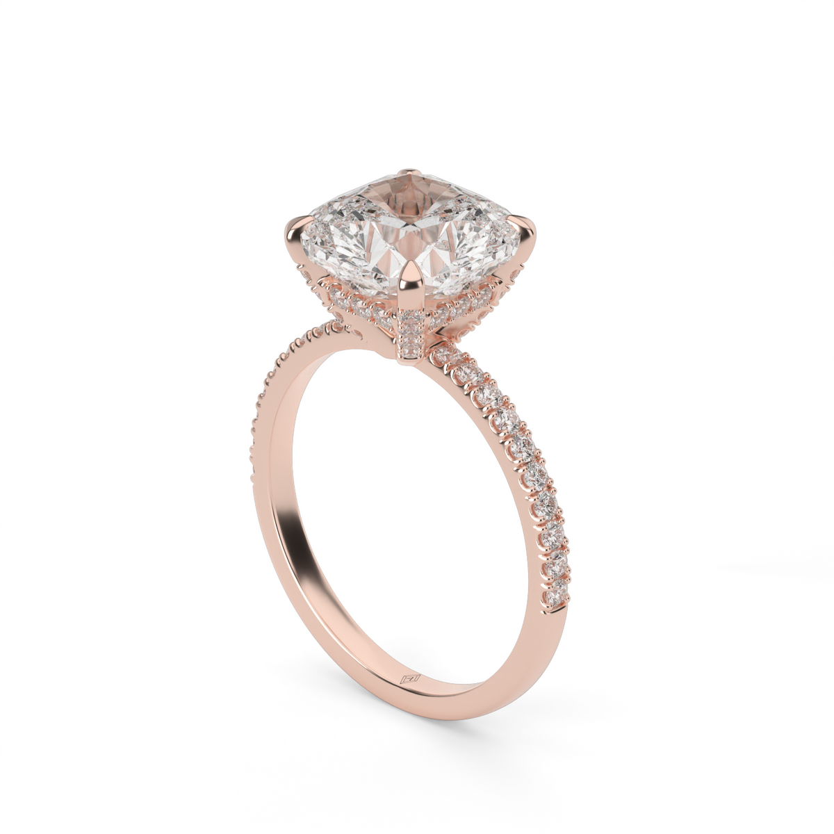 Petite Pavé Crown Diamond Engagement Ring — 14K Rose Gold / Cushion / Lab Diamond (image)