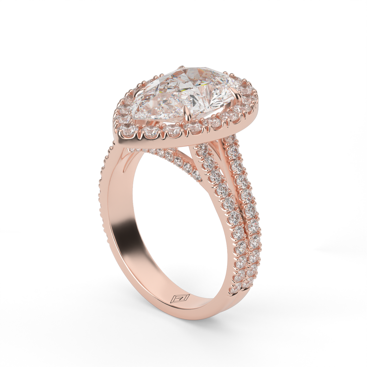 Split Band Diamond Halo Engagement Ring — 14K Rose Gold / Pear / Lab Diamond (image)