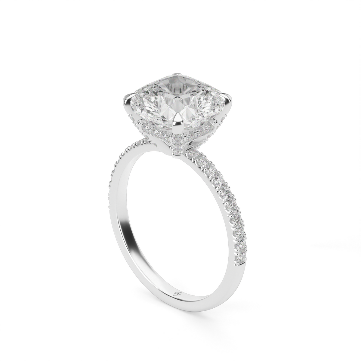 Petite Pavé Crown Diamond Engagement Ring — 14K White Gold / Cushion / Lab Diamond (image)