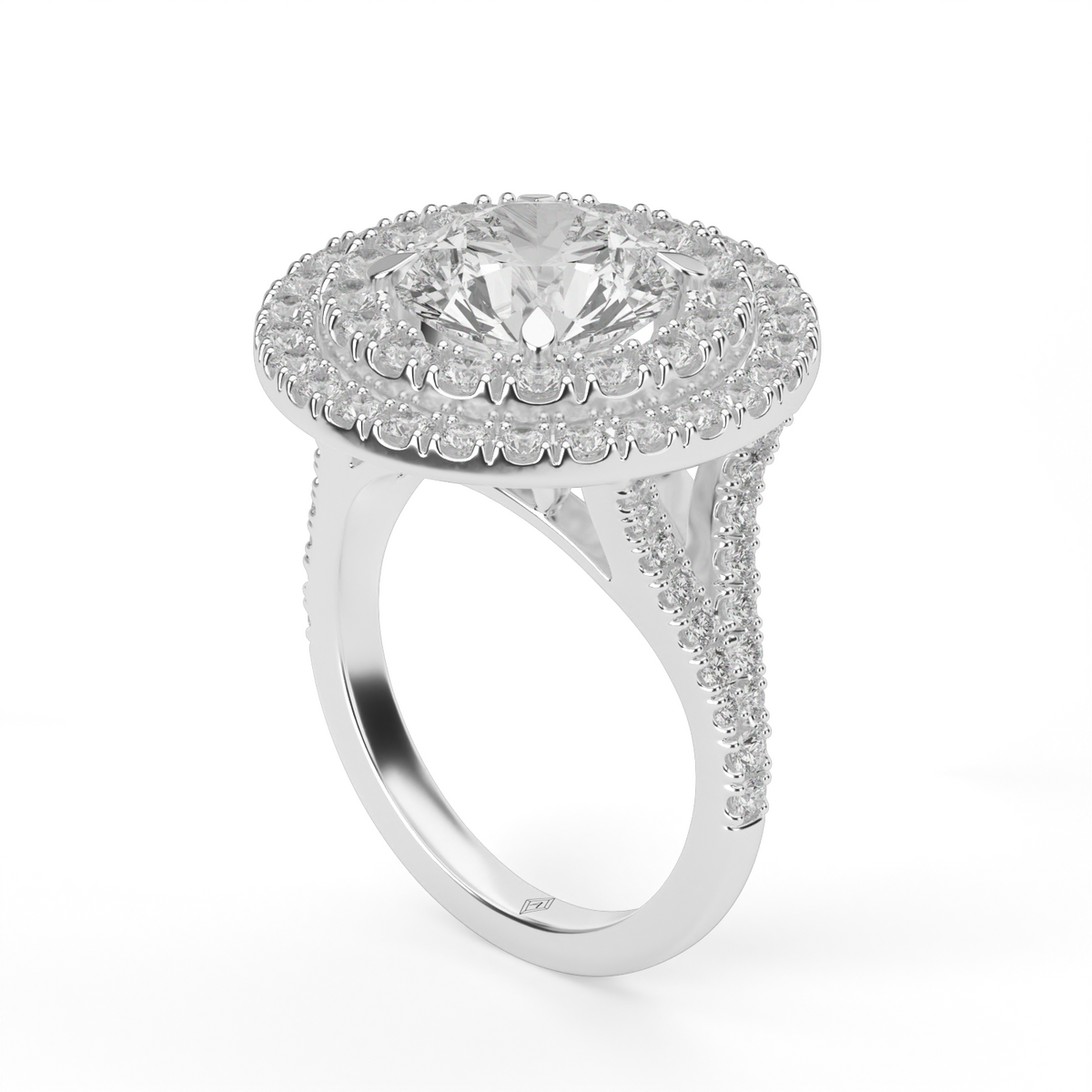 Double Halo Split Shank  Engagement Ring — 14K White Gold / Round / Lab Diamond (image)
