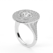 White Gold Round Shape Diamond Double Halo Pave Engagement Ring With U Cut Setting.