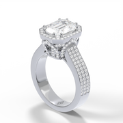 White Gold Emerald Cut Diamond Hidden Halo Pave Engagement  Ring With Share Prong Setting 