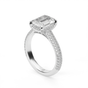 White Gold Emerald Cut Diamond Hidden Halo Pave Engagement Ring With Shared Prong Setting