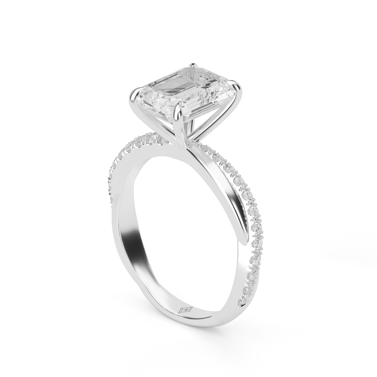 Pavé Shank Engagement Ring — 14K White Gold / Emerald / Lab Diamond (image)