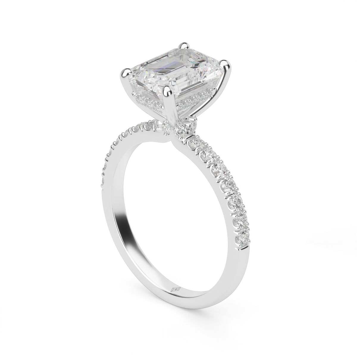 Crown Pavé Hidden Halo Engagement Ring — 14K White Gold / Emerald / Lab Diamond (image)