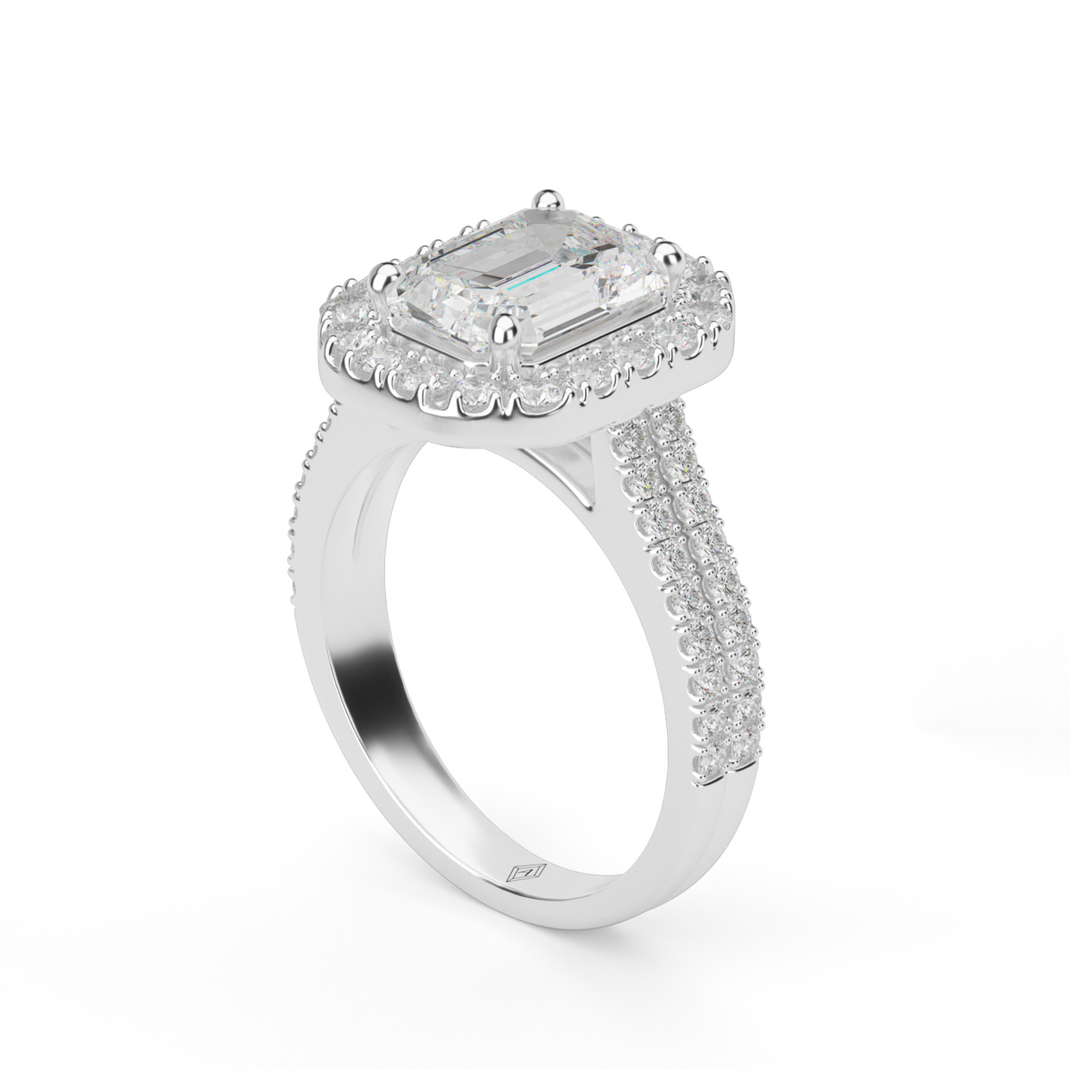 Double Shank Halo Diamond Engagement Ring — 14K White Gold / Emerald / Lab Diamond (image)