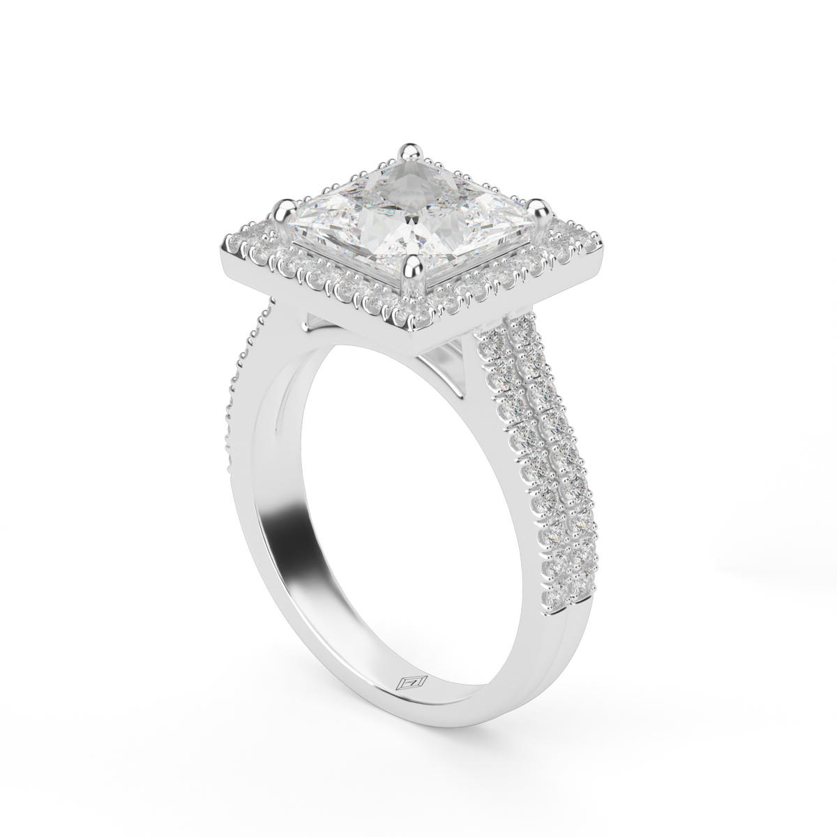 Double Shank Halo Diamond Engagement Ring — 14K White Gold / Princess / Lab Diamond (image)
