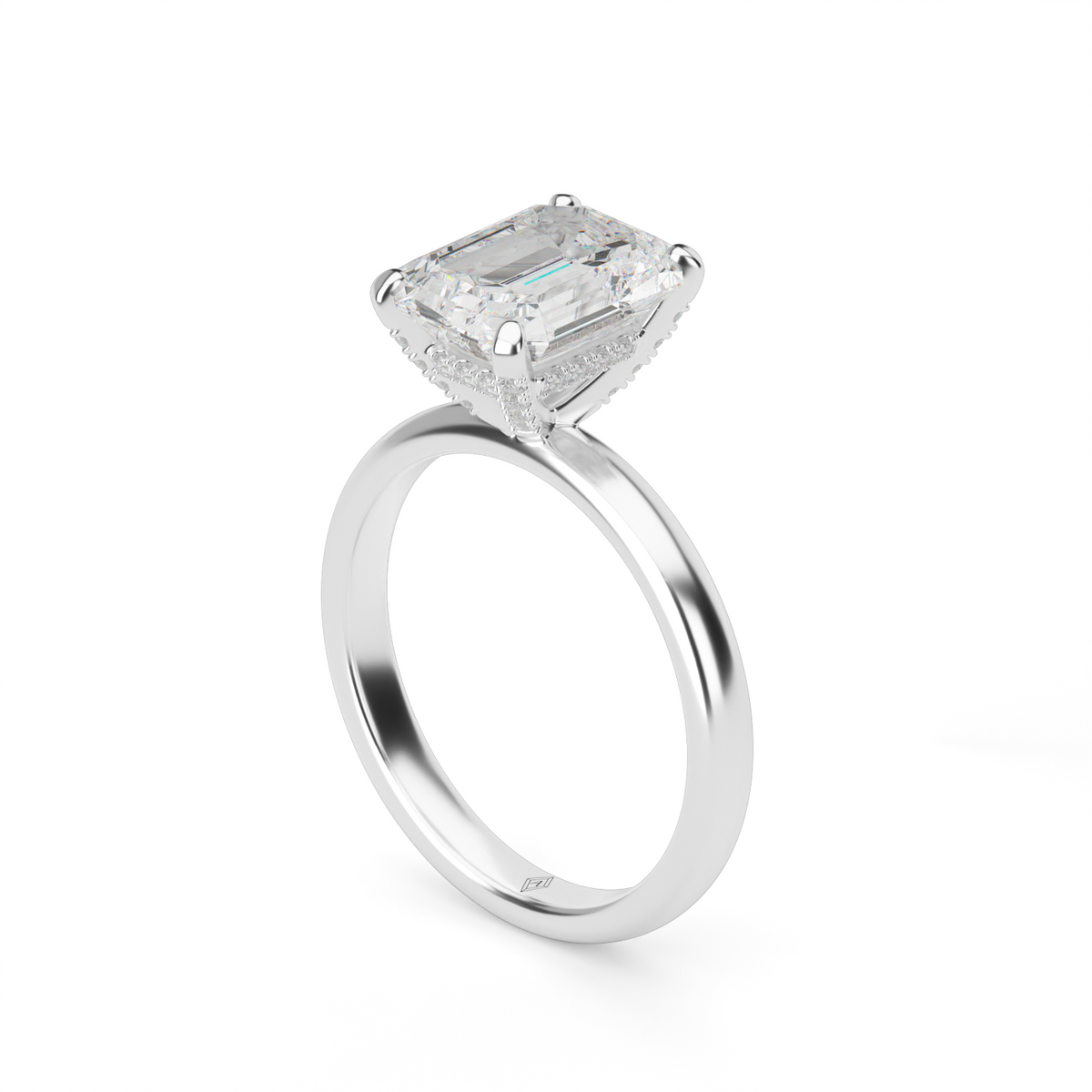Solitaire Engagement Ring With Hidden Halo — 14K White Gold / Emerald / Lab Diamond (image)
