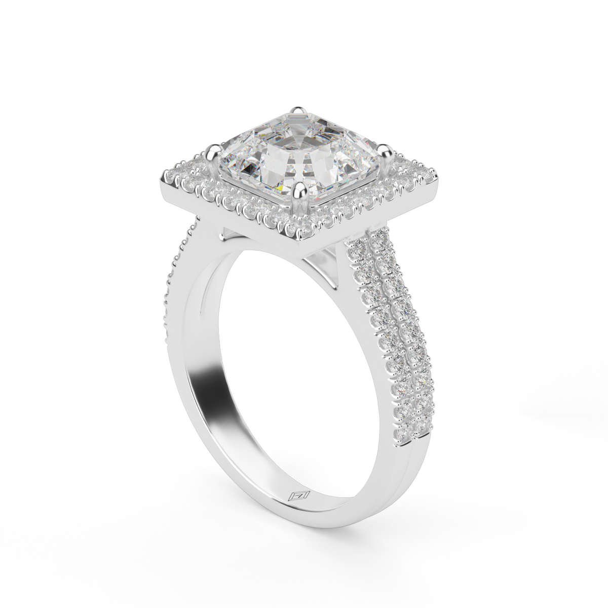Double Shank Halo Diamond Engagement Ring — 14K White Gold / Asscher / Lab Diamond (image)