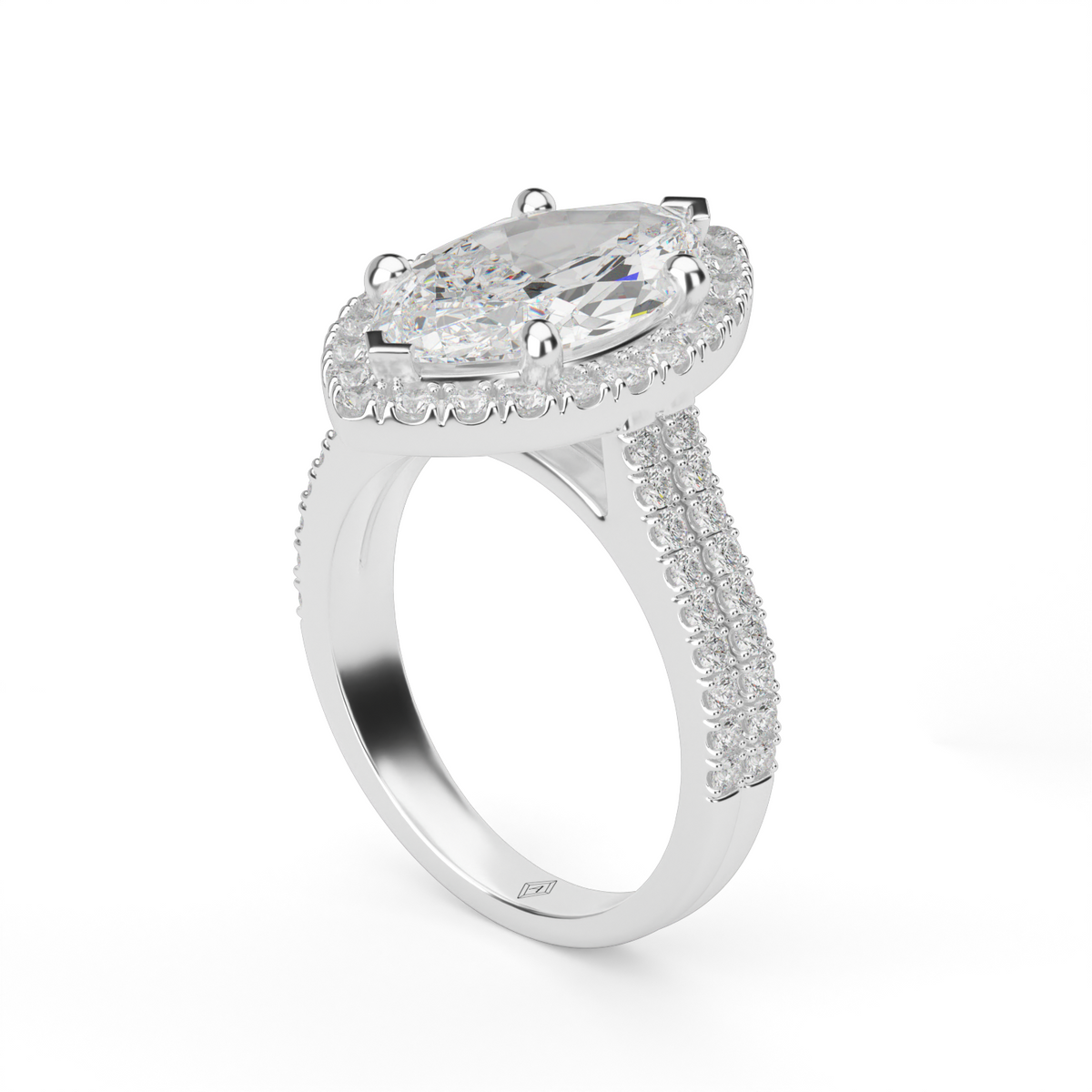 Double Shank Halo Diamond Engagement Ring — 14K White Gold / Marquise / Lab Diamond (image)