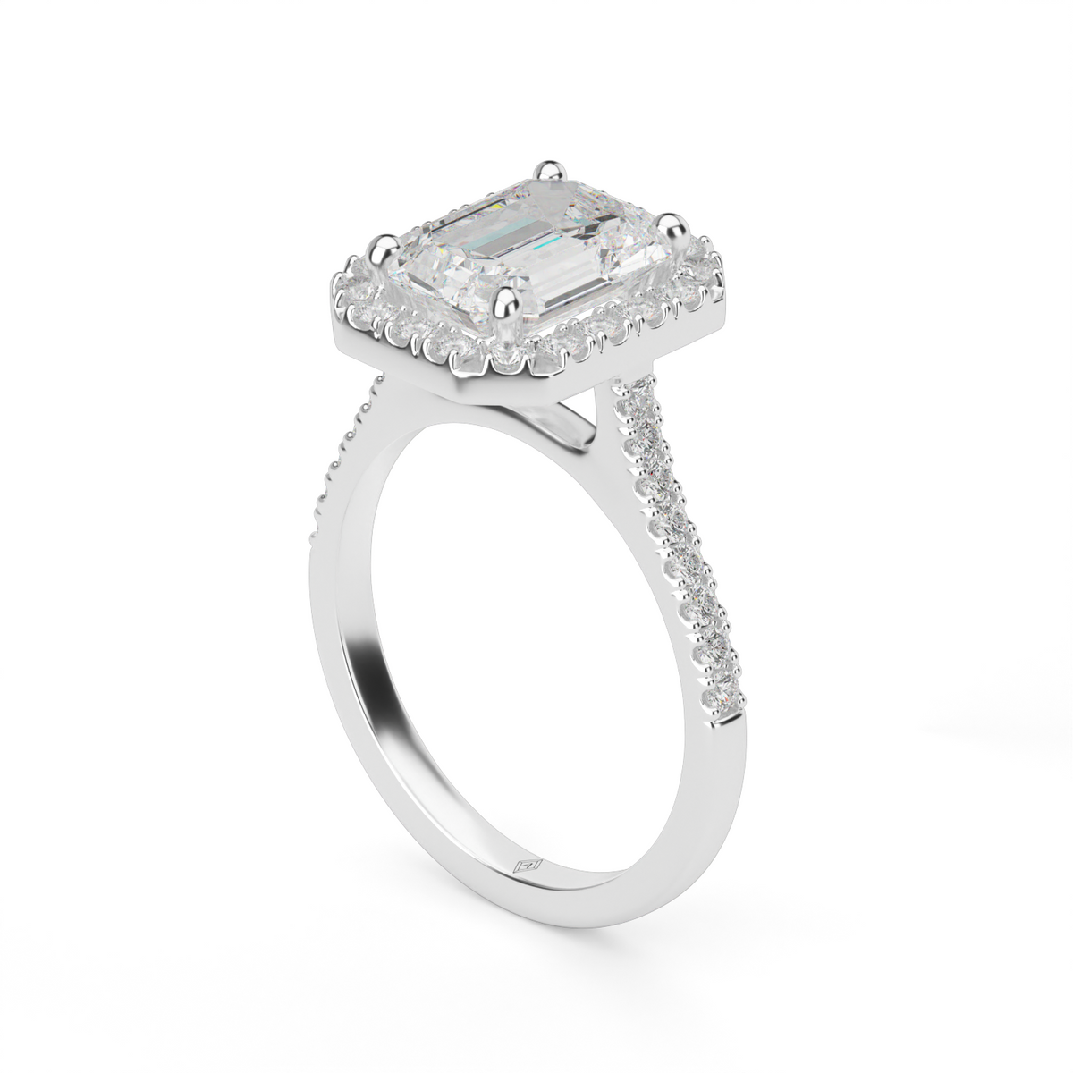 Pavé Halo and Shank Diamond Engagement Ring — 14K White Gold / Emerald / Lab Diamond (image)