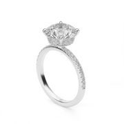 White Gold Round Shape Diamond Hidden Halo Pave Engagement Ring With U-Cut Setting