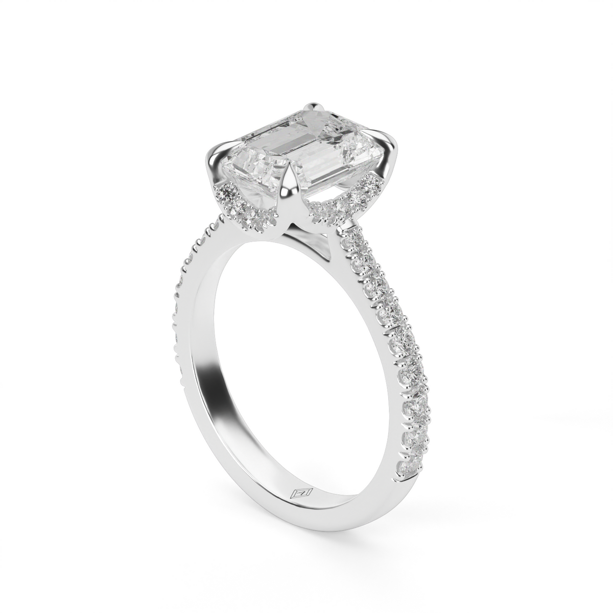 Hidden Halo Crown Engagement Ring — 14K White Gold / Emerald / Lab Diamond (image)