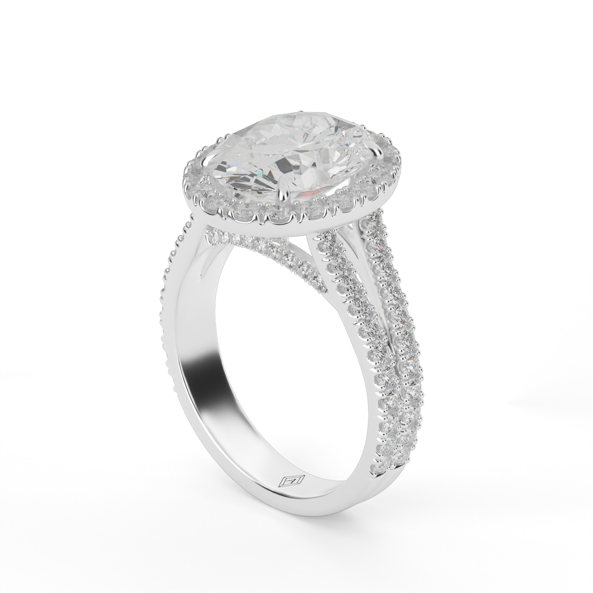 Split Band Diamond Halo Engagement Ring — 14K White Gold / Oval / Lab Diamond (image)