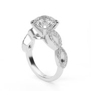 White Gold Round Shape Diamond Pave Engagement Ring With U Cut Setting.