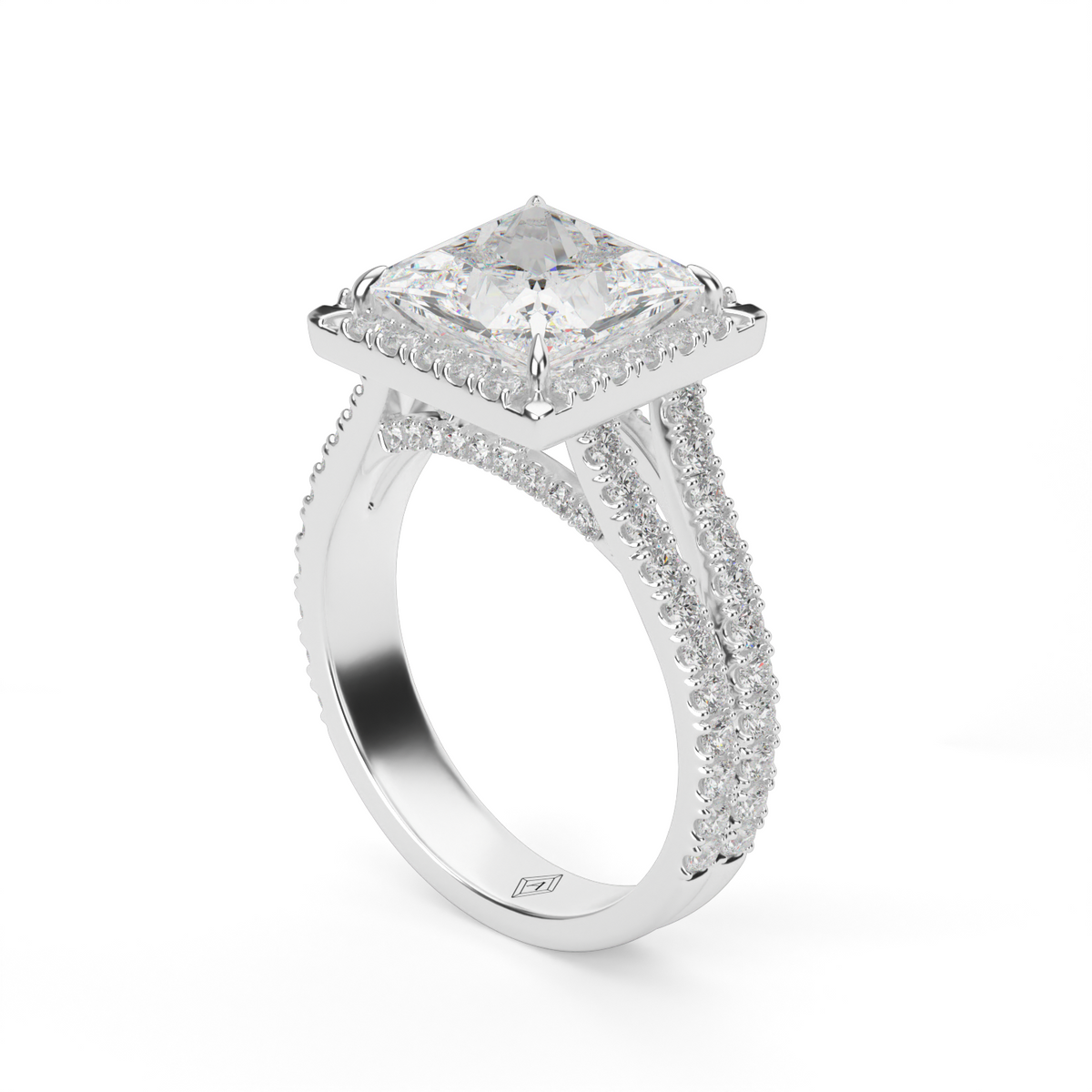 Split Band Diamond Halo Engagement Ring — 14K White Gold / Princess / Lab Diamond (image)