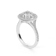 White Gold Round Shape Diamond Split Shank Pave Halo Engagement Ring With U Cut Setting