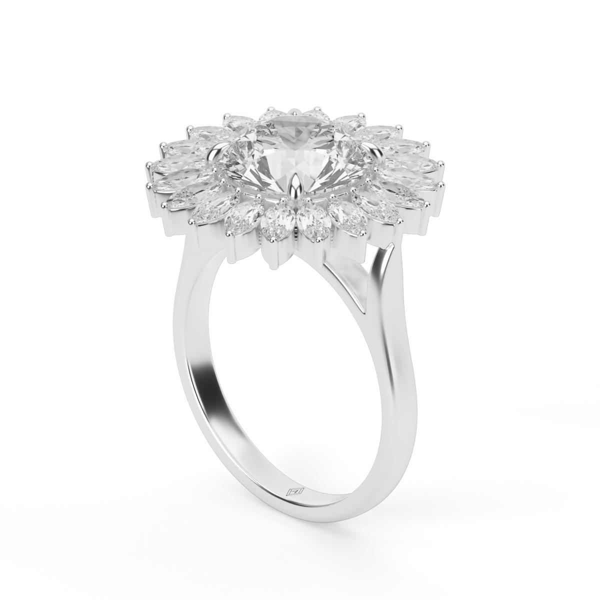 Marquise Diamond Bloom Halo Engagement Ring — 14K White Gold / Round / Lab Diamond (image)