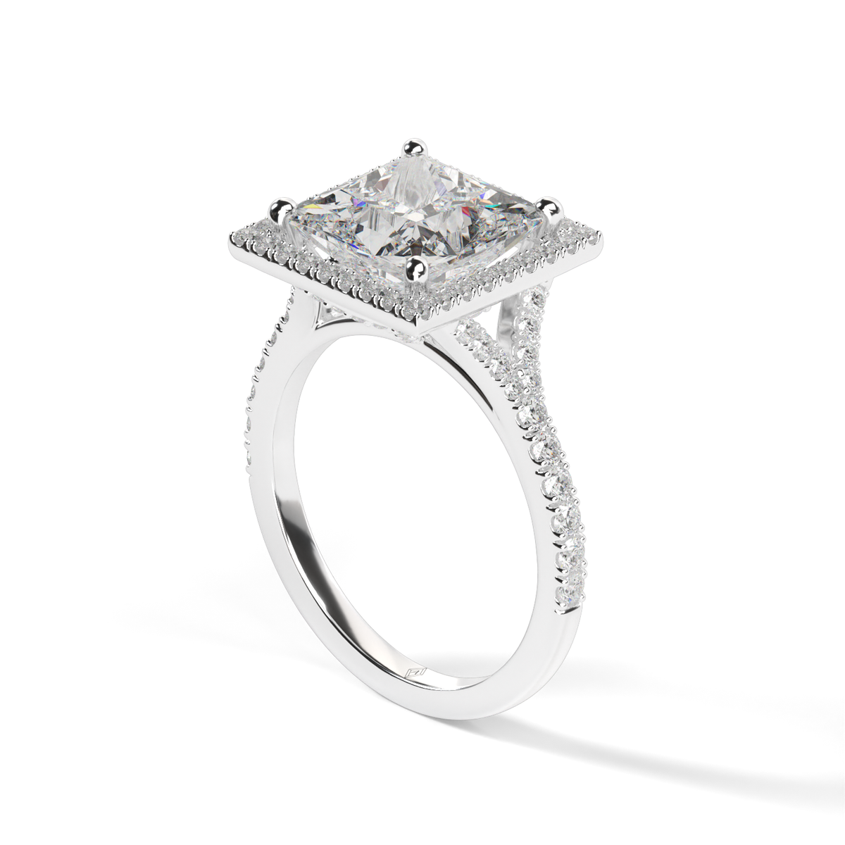Halo Engagement Ring With Split Shank — 14K White Gold / Princess / Lab Diamond (image)