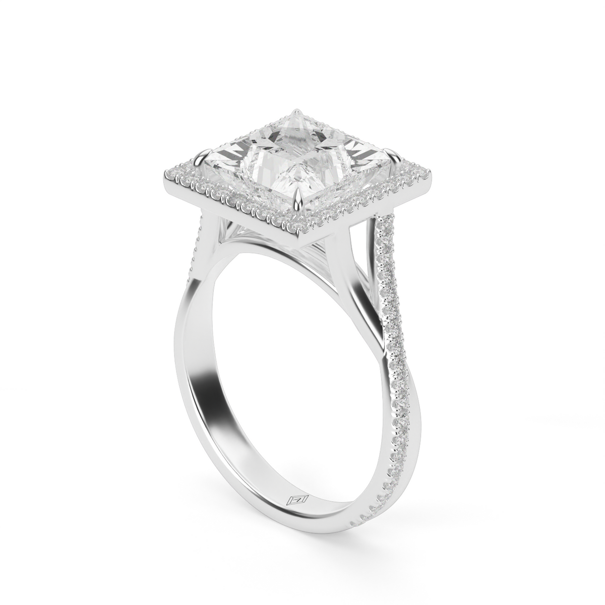 Twisted Shank Pave Halo Diamond Engagement Ring — 14K White Gold / Princess / Lab Diamond (image)