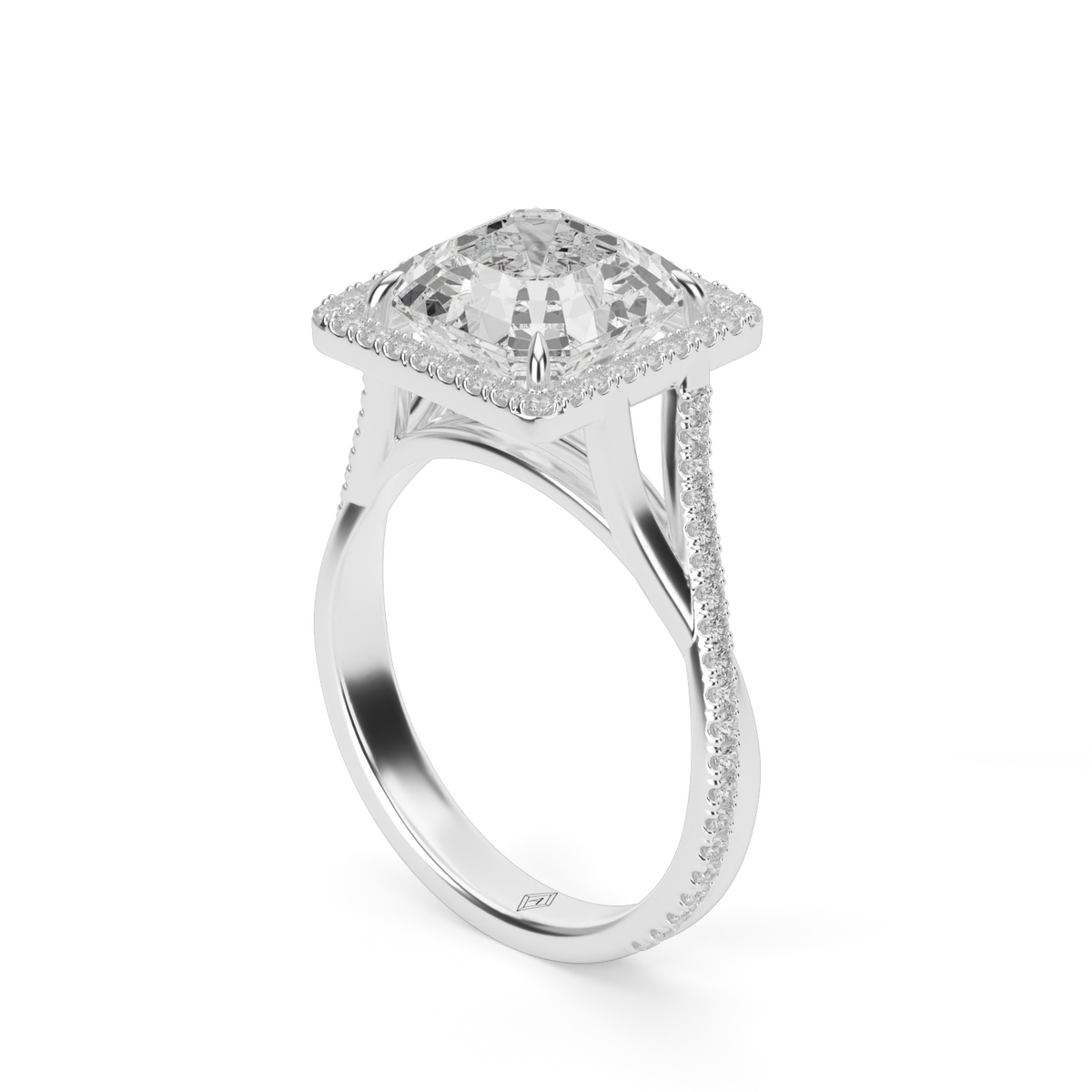 Twisted Shank Pave Halo Diamond Engagement Ring — 14K White Gold / Asscher / Lab Diamond (image)