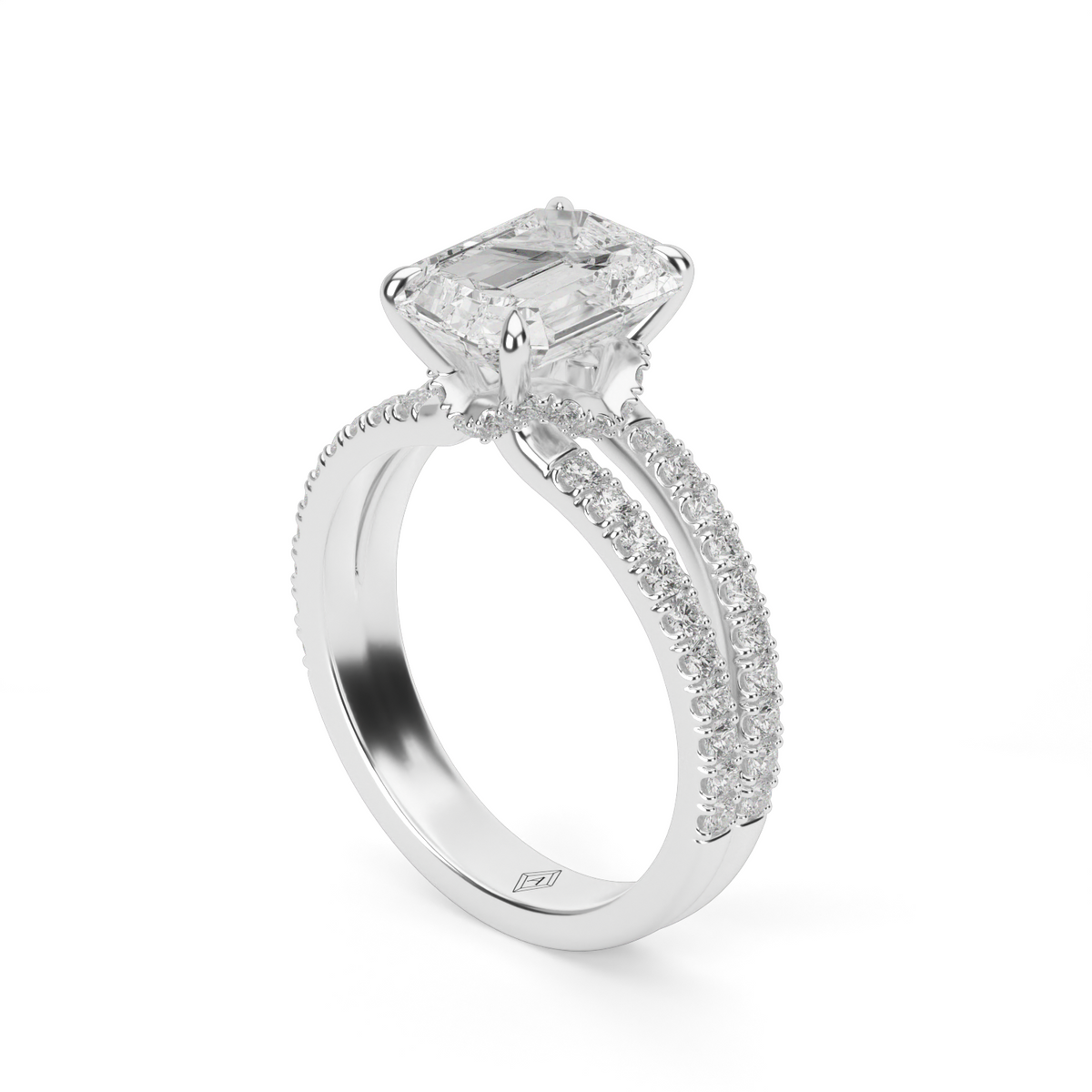 Split Shank   Pavé Engagement Ring — 14K White Gold / Emerald / Lab Diamond (image)