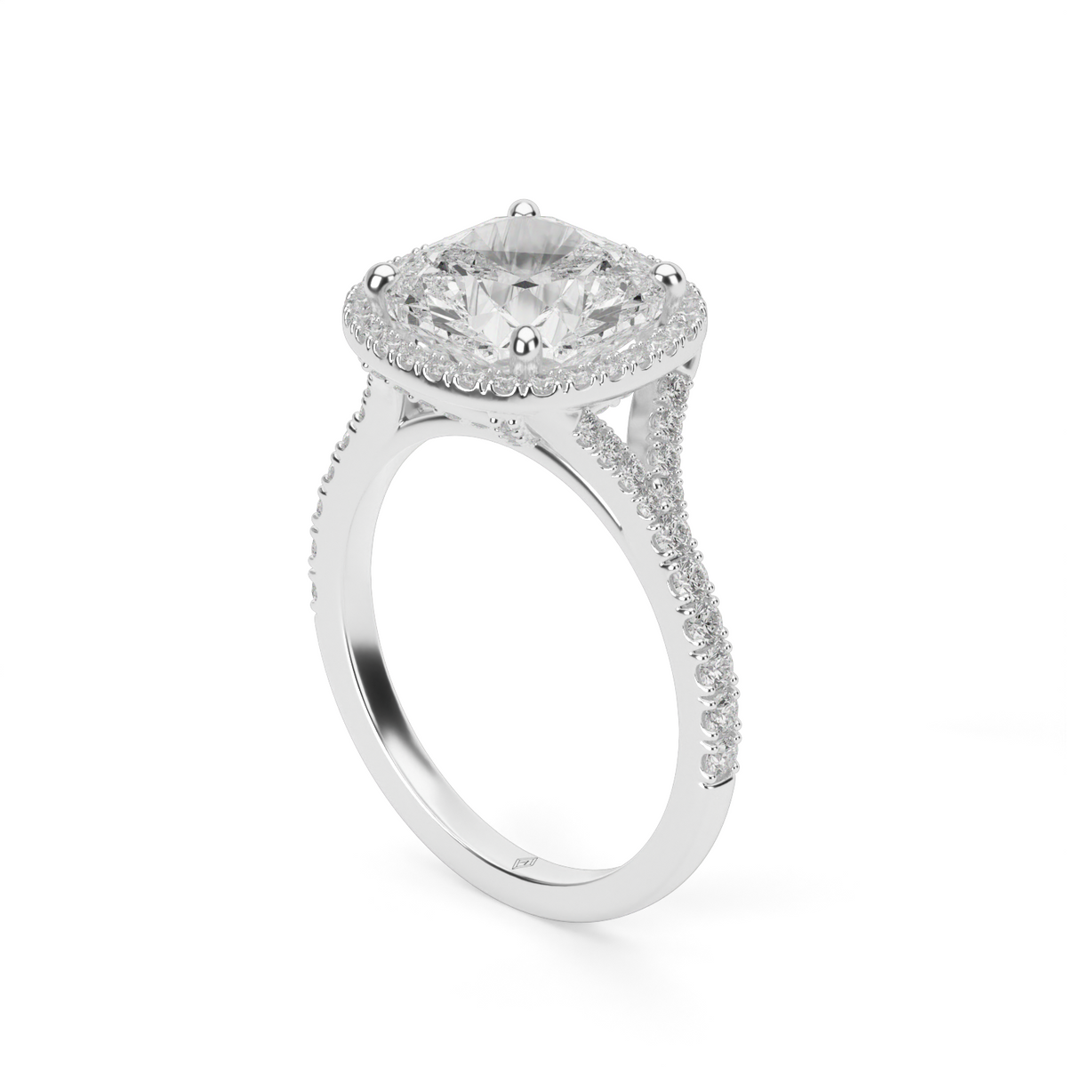Halo Engagement Ring With Split Shank — 14K White Gold / Cushion / Lab Diamond (image)