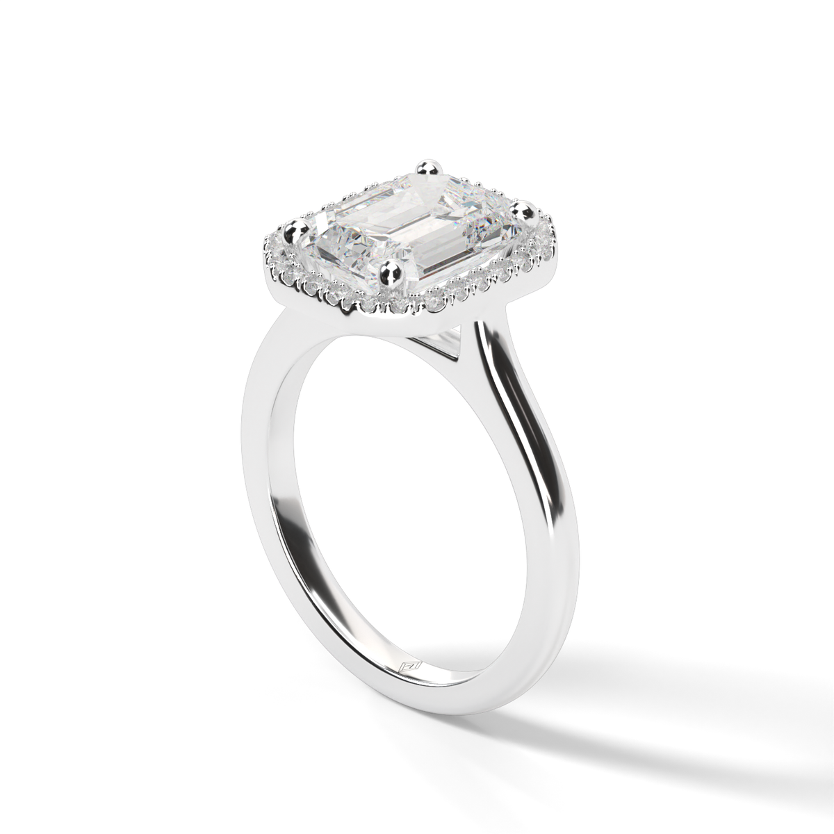 Pavé Halo Solitaire Shank  Engagement Ring — 14K White Gold / Emerald / Lab Diamond (image)