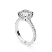 White Gold Round Shape Diamond Hidden Halo Pave Engagement Ring With U Cut Setting.