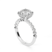 White Gold Round Shape Diamond Hidden Halo Engagement Ring With Side Stone Shared Prong Setting 